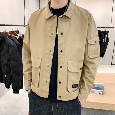 Men’s casual clothes autumn coat with lapel collar and loose Korean tooling design
