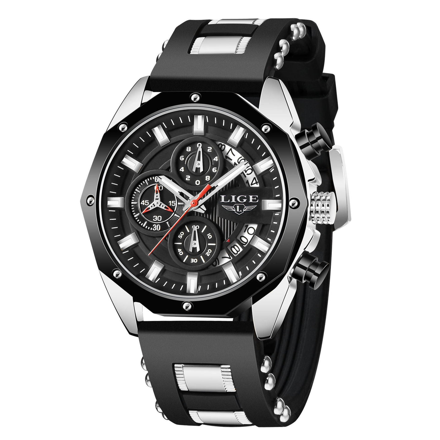 Fashion mens watches with quartz chronograph, silicone strap, and waterproof design