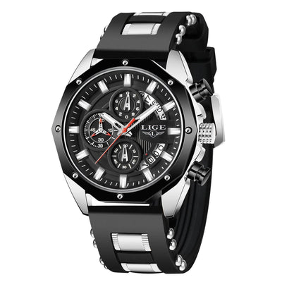 Fashion mens watches with quartz chronograph, silicone strap, and waterproof design