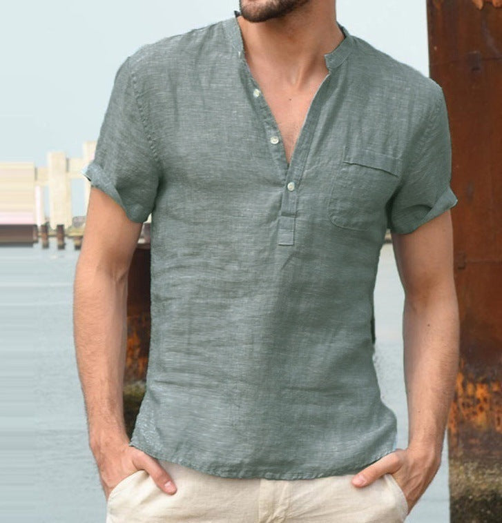Casual linen solid color shirt with V-neck and loose beach fit for men