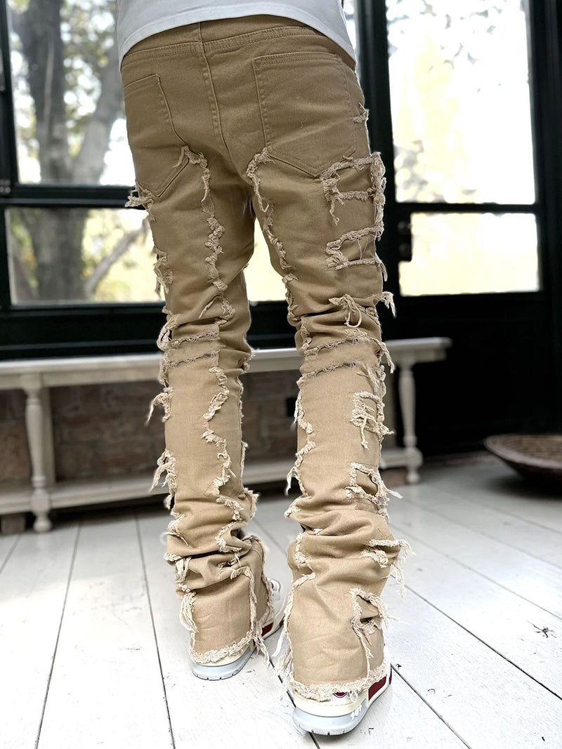 Men trousers individual patched pants with tight fit and stacked jeans style