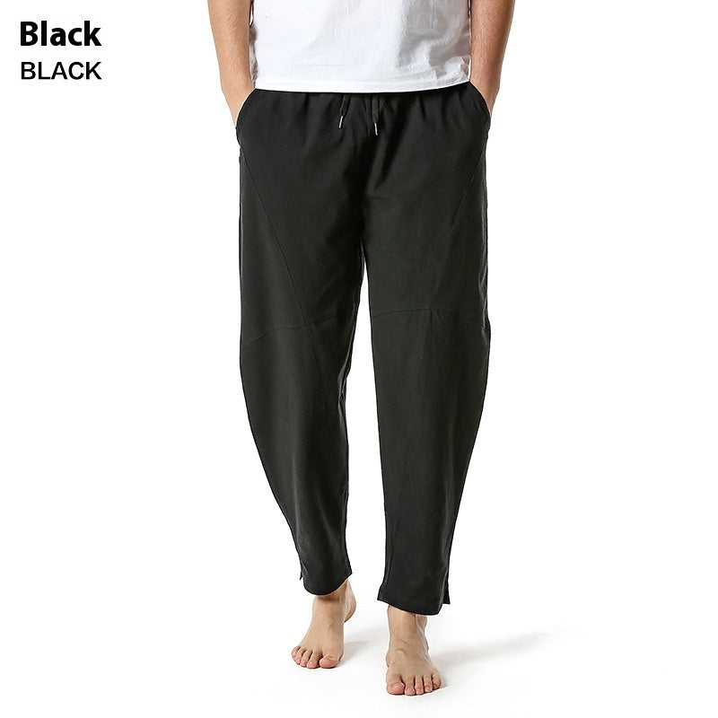 Men's linen cotton loose casual pants with straight leg and solid color design